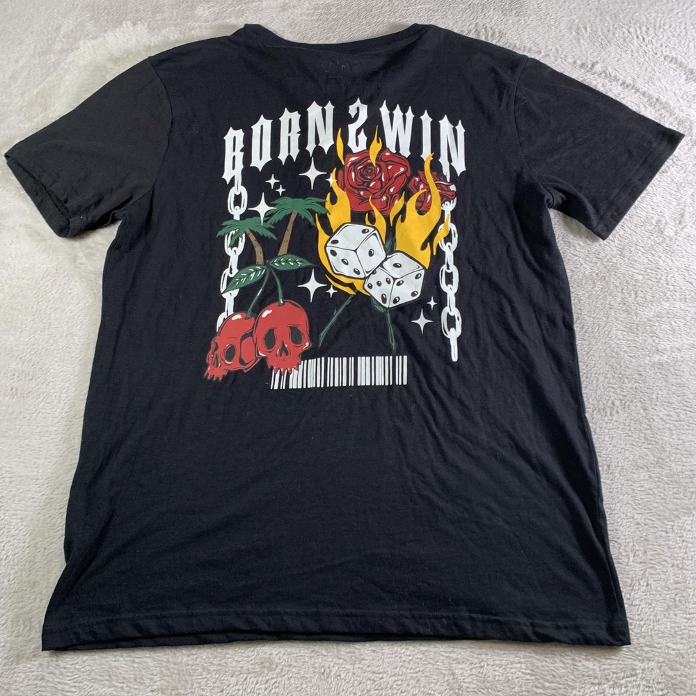 Taco Tuesday Shirt Mens Large Black Born 2 Win Dice Flames Skull Graphic Tee NEW